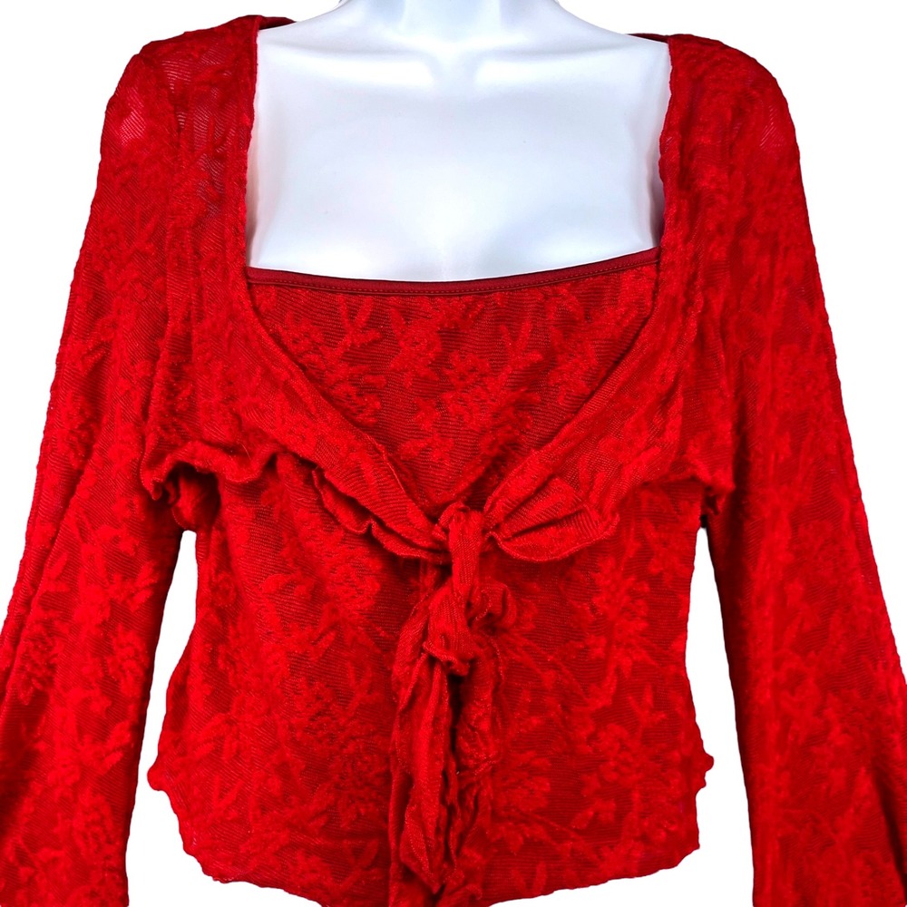 Red Lace Tie Front Top Bell Sleeves Square Neck Women's Size Large - Picture 3 of 6